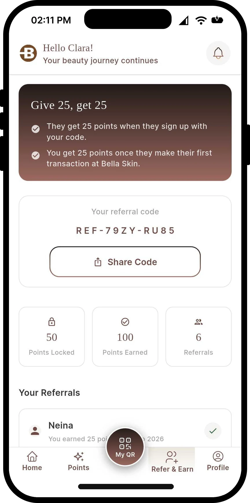 Refer a friend screen in the Bella Rewards app